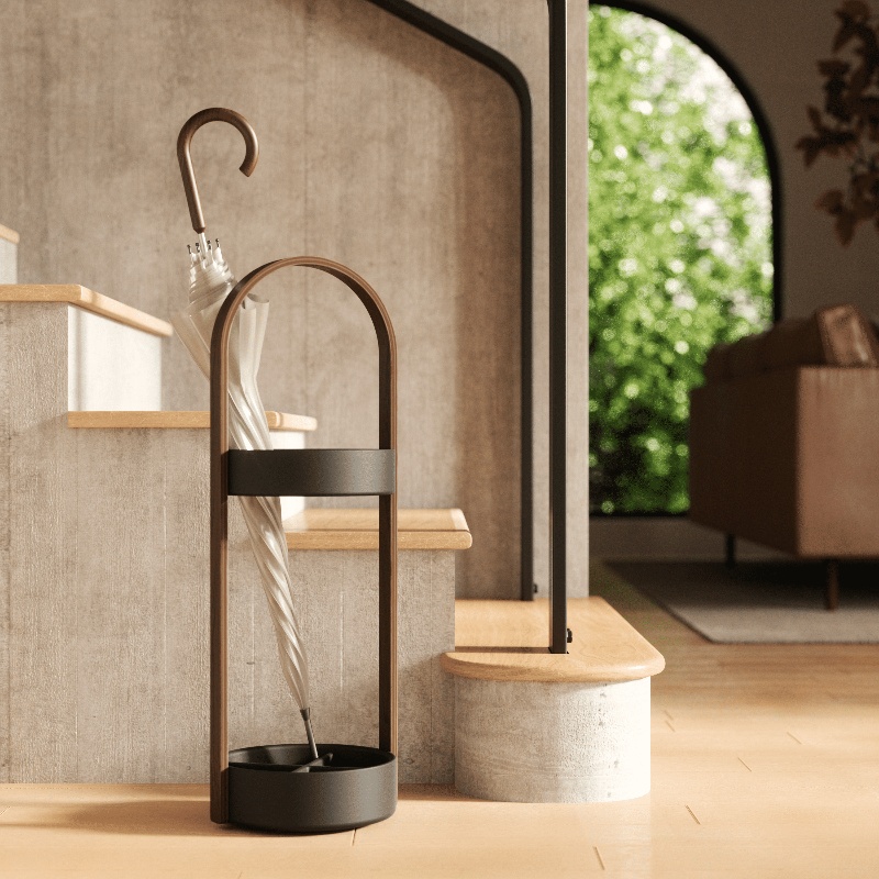Easy-to-assemble umbrella stand in wood and steel